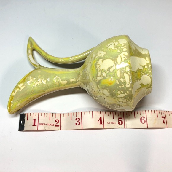 MCM Pottery Vase 7" Green Yellow Luster Weeping Drip Glaze Ewer 50s 60s Pitcher - Picture 9 of 9